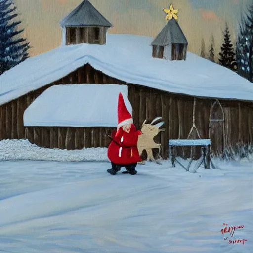 Image similar to painting of scandinavian gnome in barn with white goat, winter clothes, very very very very very beautiful christmas art, masterpiece by jenny nyström, realistic and detailed