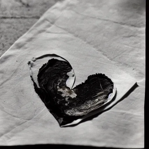 Image similar to A crumpled and burnt napkin in the shape of a heart, floating over a woman, by Lucien Clergue