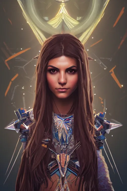 Image similar to symmetry!! portrait of victoria justice in the style of horizon zero dawn, machine face, intricate, elegant, highly detailed, digital painting, artstation, concept art, smooth, sharp focus, illustration, art by artgerm and greg rutkowski and alphonse mucha, 8 k