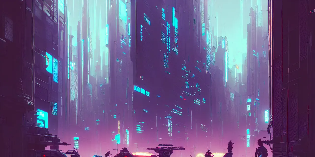 Prompt: cyberpunk synth, hyper - realistic detailed cyberpunk cityscape, by atey ghailan, by greg rutkowski, by greg tocchini, by james gilleard, by joe fenton, by kaethe butcher, dynamic lighting, gradient light blue, brown, blonde cream and white color scheme, grunge aesthetic