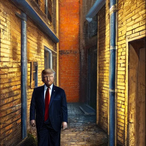 Prompt: a perfect, realistic professional oil painting in classicism style, of Donald Trump posing in a dystopian alleyway, close-up, by a professional American senior artist on ArtStation, a high-quality hollywood-style concept