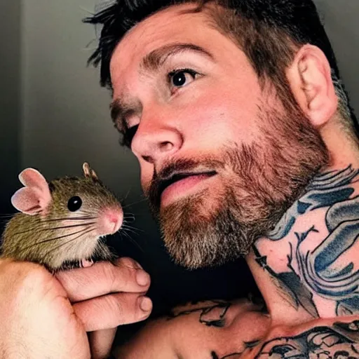 Image similar to A photograph of a beautiful gorgeous attractive man in his 40s with a live rat tattooed on his right chick.