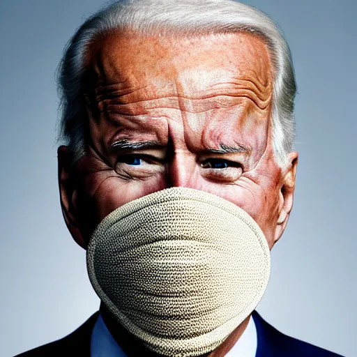 Image similar to uhd candid photo of joe biden wearing a basket muzzle, with accurate face, real muzzle, uhd, studio lighting, correct face, photo by annie leibovitz