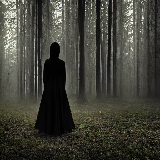 Image similar to long shot of a scary woman wearing all black, standing in the forest, melancholic, dreary, horror, creepy, glows, dark lighting, ambient lights, cinematic lighting, sinister, digital art,