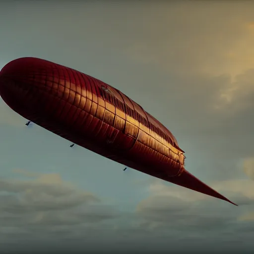 Image similar to photorealistic airship dieselpunk art deco streamlined crimson sky by alexey lipatov, stefan prohaczka, ixlrlxi, keith thompson, rob schwager, sam van olffen, octane render, 3 d, highly detailed,