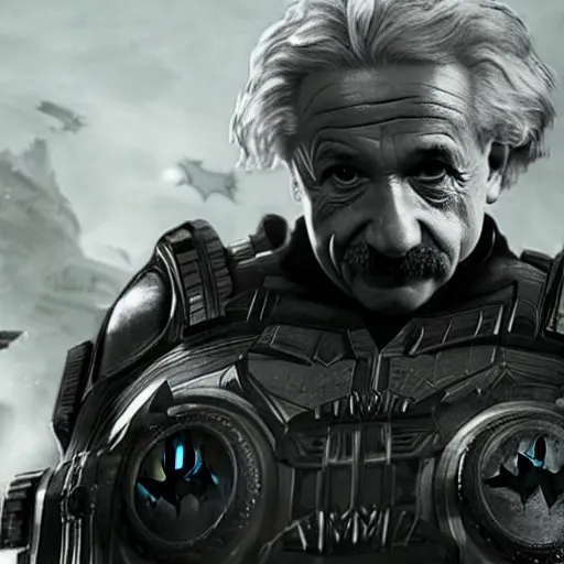 Image similar to 'Albert Einstein'! as (Batman) in Gears of War, splash art, movie still, detailed face, cinematic lighting, dramatic, octane render, long lens, shallow depth of field, bokeh, anamorphic lens flare, 8k, hyper detailed, 35mm film grain