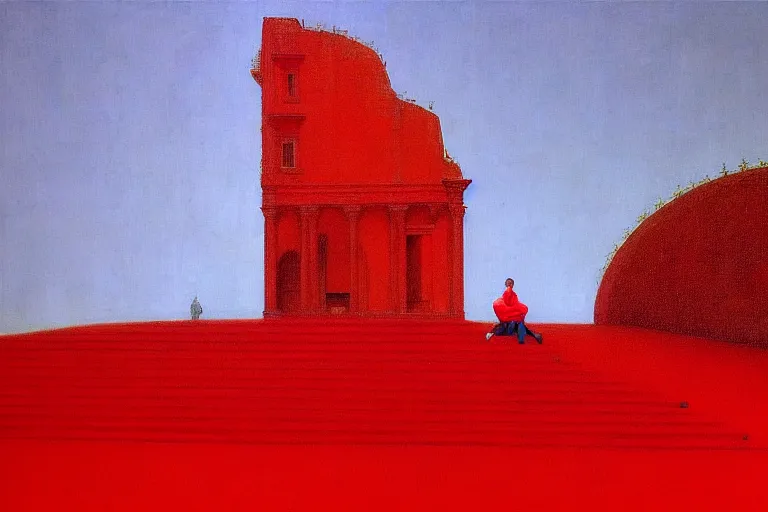 Image similar to only with red, a red great emperor, taormina amphitheatre, expressive crowd with big smile, in the style of beksinski, parts by edward hopper, parts by rodcenko, parts by yue minjun, intricate and epic composition, red by caravaggio, insanely quality, highly detailed, masterpiece, red light, artstation, 4 k