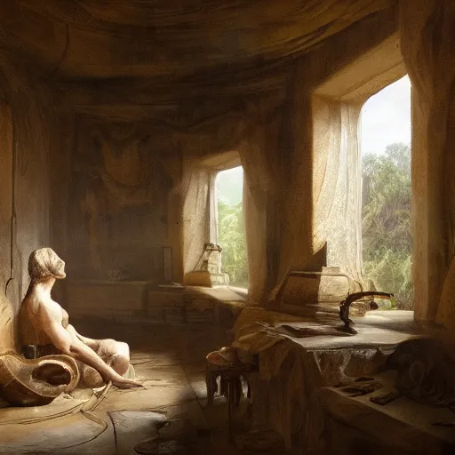 Image similar to isolation chamber of the prehistoric creators, in the style of David Geddes, Élisabeth Vigée Le Brun, dramatic lighting, establishing shot, detailed and clear beautiful realistic faces, 8k resolution – W 1024