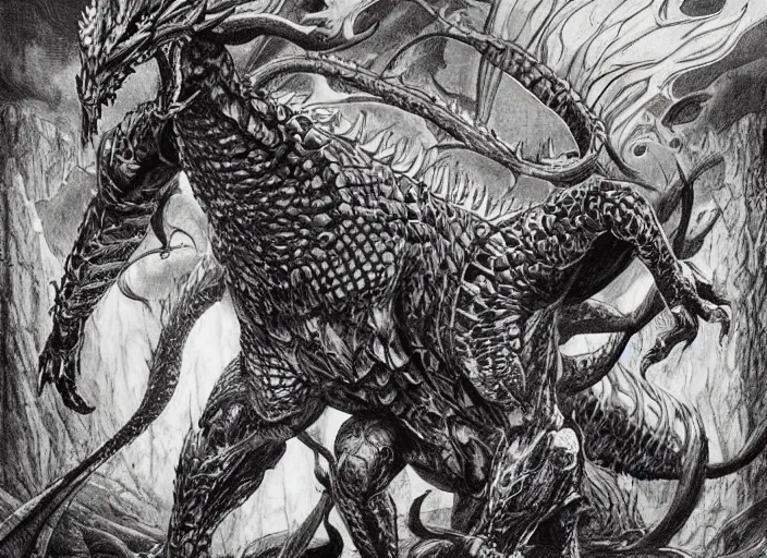 Prompt: intricate fantasy comic book drawing of a giant dragon over a castleby dariusz zawadski and alan lee and gris grimly, cinematic, epic