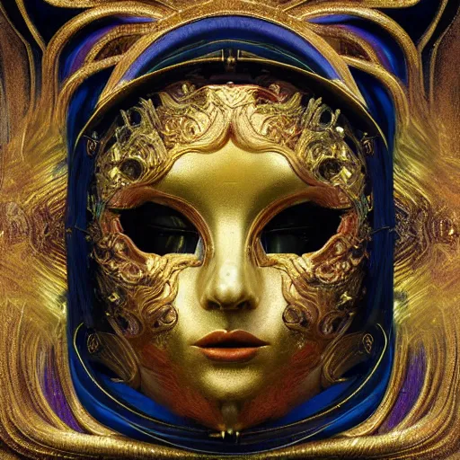 Image similar to Divine Chaos Engine, as a Venetian Carnivale Mask, by Karol Bak, Jean Deville, Gustav Klimt, and Vincent Van Gogh, celestial, visionary, sacred, fractal structures, ornate realistic gilded medieval icon, spirals, octane render