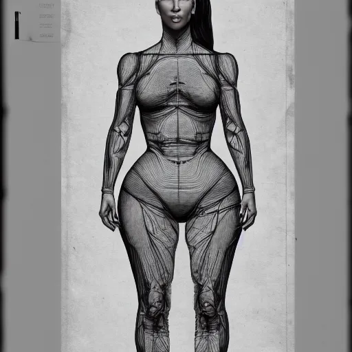 Prompt: full page anatomy scan of kim kardashian detailed, body section, blueprint, mathematics and geometry, post apocalyptic, desaturated, 8K matte, good lighting,