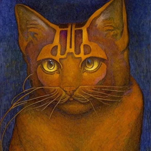 Image similar to cloisonne cat head sculpture, by annie swynnerton and diego rivera and nicholas roerich and jean delville, symbolist, dramatic lighting, god rays, art brut, rich colors, smooth, sharp focus, extremely detailed, adolf wolfli and ( donato giancola and bilibin )