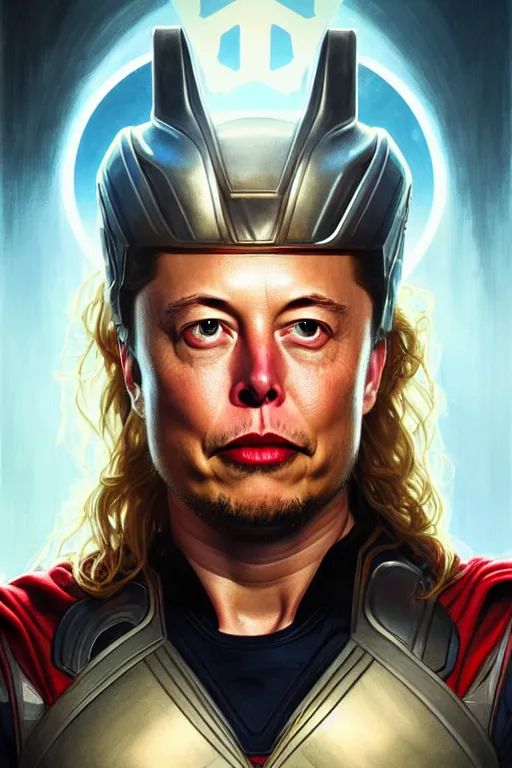 Prompt: elon musk as thor, realistic portrait, symmetrical, highly detailed, digital painting, artstation, concept art, smooth, sharp focus, illustration, cinematic lighting, art by artgerm and greg rutkowski and alphonse mucha