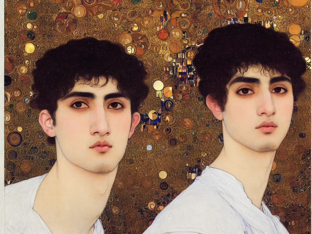 Prompt: beautiful medium shot portrait of a young arabic man inspired by ( ( ayami kojima ) ) with short hair dressed with a white t - shirt looking into the camera from three - quarters, white background white bank studio light, art by gustav klimt, alfons mucha and yoshitaka amano, 8 k