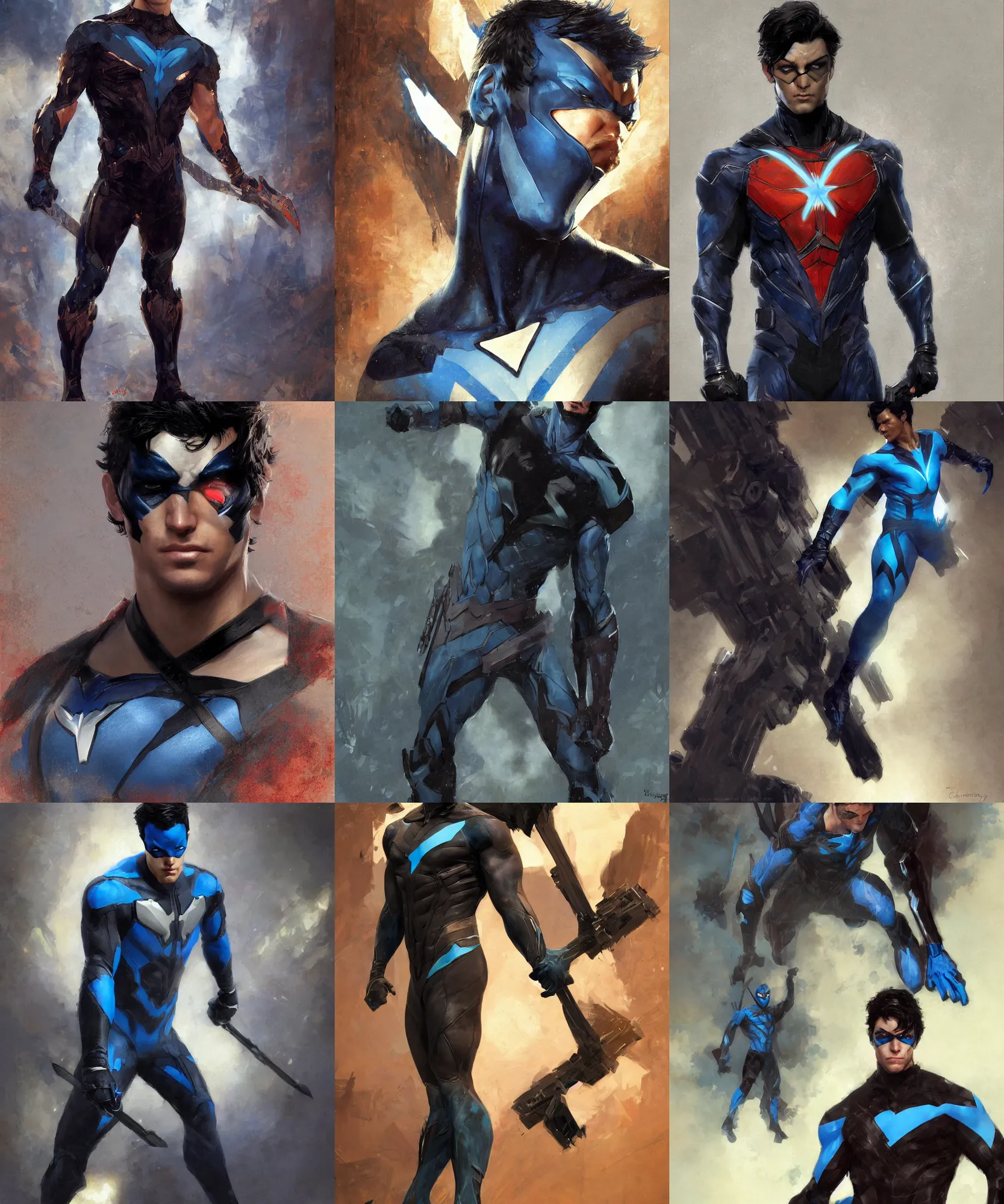 Prompt: digital art painting of a young man in nightwing suit full body portrait painted by craig mullins and gaston bussiere and greg rutkowski, masculine face, symmetrical face, defined facial features, symmetrical facial features, dramatic lighting