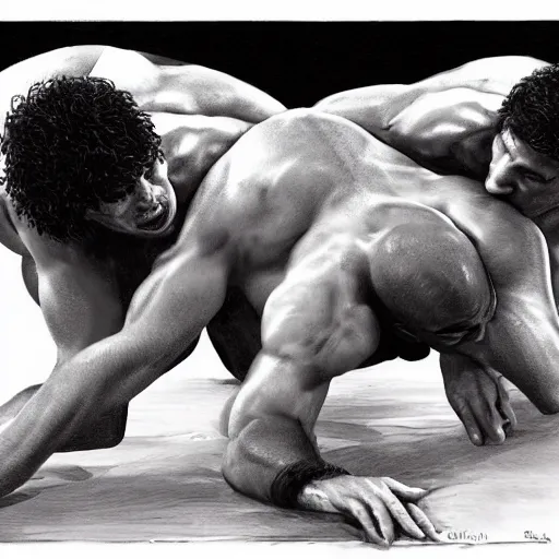 Image similar to Joe Rogan and Howard Stern wrestling, intricate, highly detailed, concept art, smooth, sharp focus