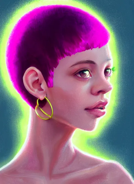 Image similar to portrait of teenage vanessa morgan with bright pink hair, vanessa morgan, curly pixie cut hair, wearing a purple breton cap, breton cap, hoop earrings, intricate, elegant, glowing lights, highly detailed, digital painting, artstation, concept art, smooth, sharp focus, illustration, art by wlop, mars ravelo and greg rutkowski