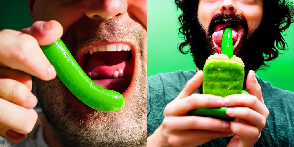 Prompt: man eating a green hotdog, closeup, realistic