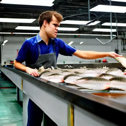 Prompt: Magnus Carlsen gutting fish at a fish factory floor, conveyor belt