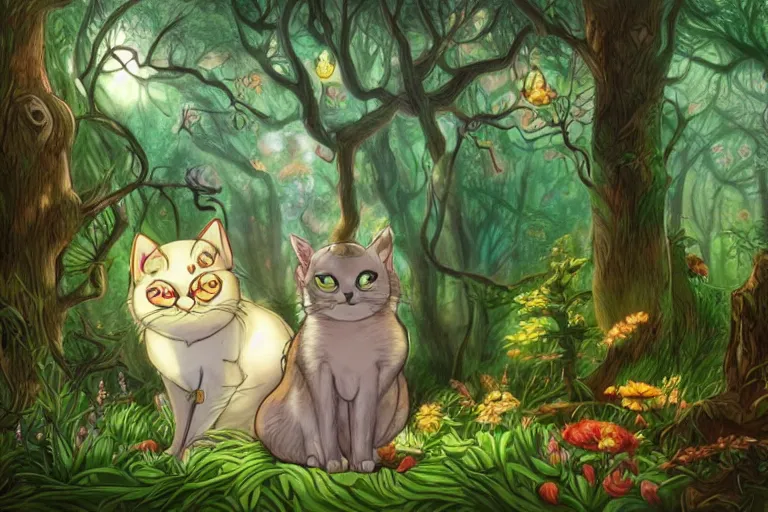 Image similar to a cat in a forest, highly detailed, digital art, trending on artstation, backlighting, by kawacy, by don bluth, by ken sugimori, by louis wain, fan art