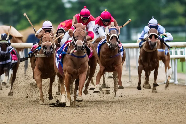 Image similar to an award winning shot a horse racing track with racing bulldogs that are winning the race at the finish line