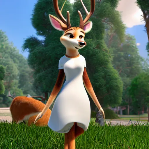 Prompt: portrait, 3 d render, tall, slightly fat, anthropomorphic female deer, wearing along white dress, in the style of zootopia,