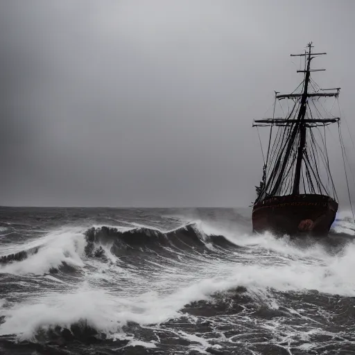 Prompt: Stormy sea, big waves, rain, lightning, gray clouds, old wooden ship, Giant Tentacles rising from water, Canon EOS R3, f/1.4, ISO 200, 1/160s, 8K, RAW, unedited, symmetrical balance, in-frame.