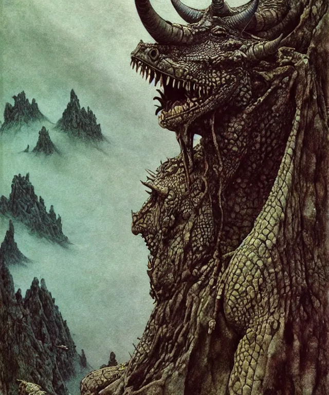 Image similar to A detailed horned crocodilewoman stands among the hills. Wearing a ripped mantle, robe. Perfect faces, extremely high details, realistic, fantasy art, solo, masterpiece, art by Zdzisław Beksiński, Arthur Rackham, Dariusz Zawadzki