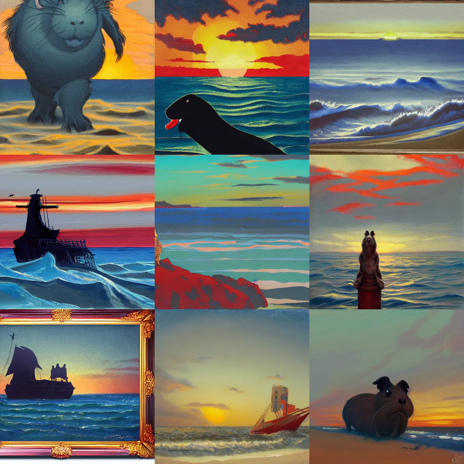 Prompt: formidable shaggy guinea pig leviathan on beachhead, tonalist painting, sunset, imposing, sublime, art nouveau illustration, payne's grey, prussian blue, venetian red, luminous