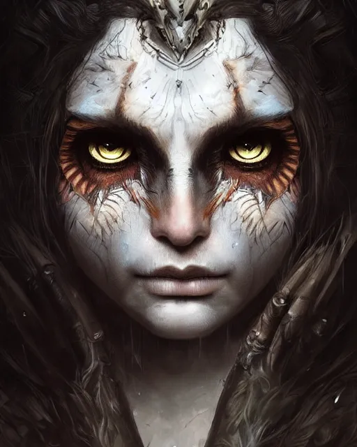 Prompt: half human half owl woman warrior, hyper realistic face, beautiful eyes, fantasy art, in the style of greg rutkowski, intricate, hyper detailed, smooth