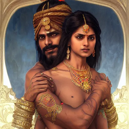 Image similar to portrait painting of dark muscular indian royal couple hugging from behind, ultra realistic, concept art, intricate details, eerie, highly detailed, photorealistic, octane render, 8 k, unreal engine. art by artgerm and greg rutkowski and alphonse mucha
