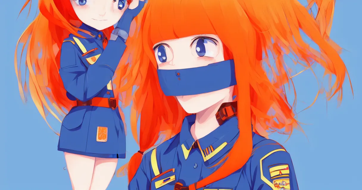 Image similar to very beautiful young anime girl with orange hair, dressed in soviet pioneer uniform, full body, sky blue eyes, full round face, front view, middle, highly detailed, colored manga drawing by wlop popular on artstation