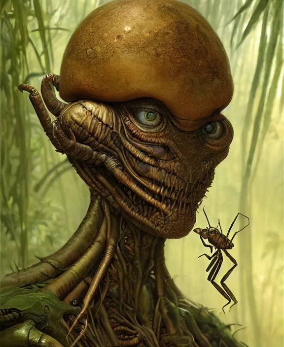 Image similar to intricate earth - toned portrait of a disturbing terrifying alien insect creature, mottling coloring, adorable, childlike, overgrown jungle environment, ultra realistic, concept art, maximalist, photorealistic, octane render, 8 k, unreal engine. art by christopher marley and artgerm and greg rutkowski and alphonse mucha