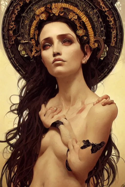Image similar to a beautiful painting of a death goddess, face, full body, by Greg rutkowski, artgerm and Alphonse Mucha, highly detailed, octane trending on artstation