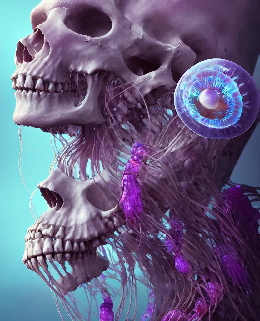 Image similar to goddess close - up portrait human skeleton, ram skull, jellyfish, orchid, betta fish, bioluminiscent, intricate artwork by tooth wu and wlop and beeple. octane render, trending on artstation, greg rutkowski very coherent symmetrical artwork. cinematic, hyper realism, high detail, octane render, 8 k