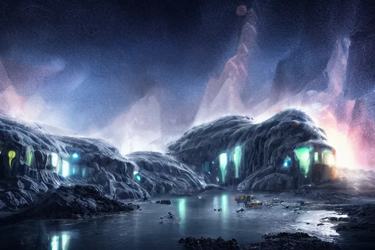 Prompt: favela spaceship cave tornado, snowy arctic environment, industrial factory, cliffs, peaks, bright, milky way, award winning art, epic dreamlike fantasy landscape, ultra realistic,