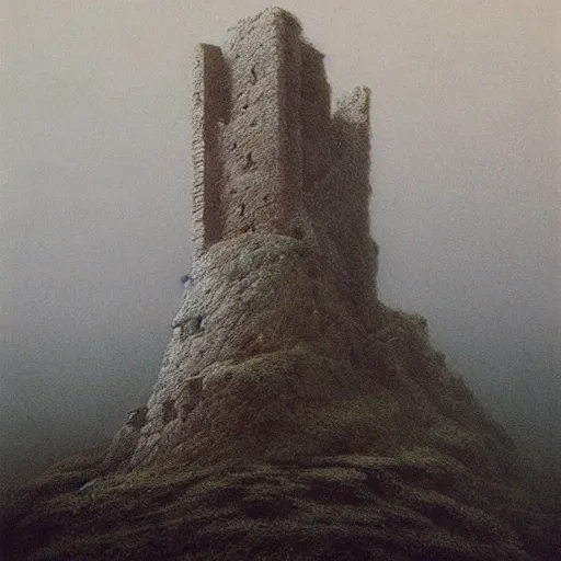 Prompt: an ancient ruined tower atop a crag, moody, ethereal, atmospheric, painting, Zdzisław Beksiński