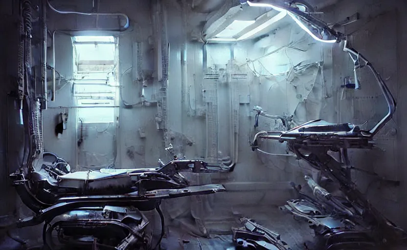 Image similar to neon surgery machine nobody cyberpunk futuristic, in a white room, art by giger, greg rutkowski