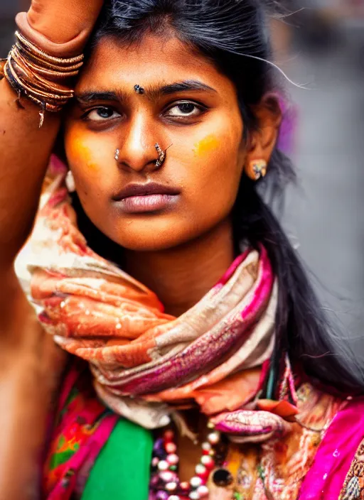 Image similar to color portrait Mid-shot of an beautiful 20-year-old Indian woman, street portrait in the style of Mario Testino award winning