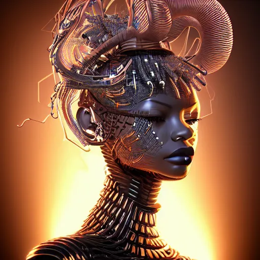 Image similar to portrait of an absurdly beautiful, graceful, sophisticated, fashionable black cyberpunk mechanoid gravure idol, ultrafine hyperdetailed illustration by irakli nadar, matt wisniewski style, marvel comics, intricate linework, porcelain skin, neon jellyfish headdress, ivory carved ruff, unreal engine 5 highly rendered, global illumination, radiant light, detailed and intricate environment