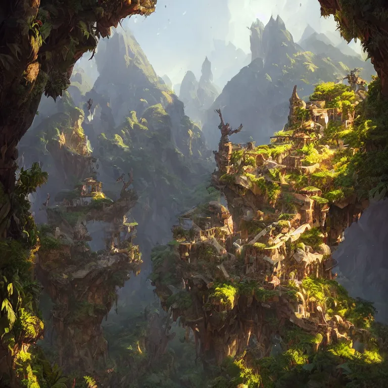 Prompt: vertical overwatch headquarters carved inside a mountain surrounding a lush garden, trimmed, magical, natural light, fantasy, sharp focus, concept art, by greg rutkowski and craig mullins, cozy atmospheric