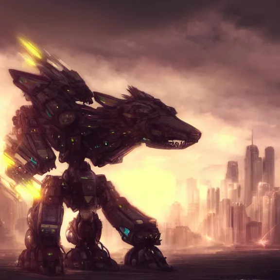 Image similar to hyper realistic, epic, highly detailed cinematic shot of a gigantic feral robot mecha canine, sharp dragon claws, detailed head, metal ears, cannon mounted on back, sleek armor, glowing visor, destroying city, digital art, furry art, macro art, dragon art, furaffinity, deviantart, sofurry