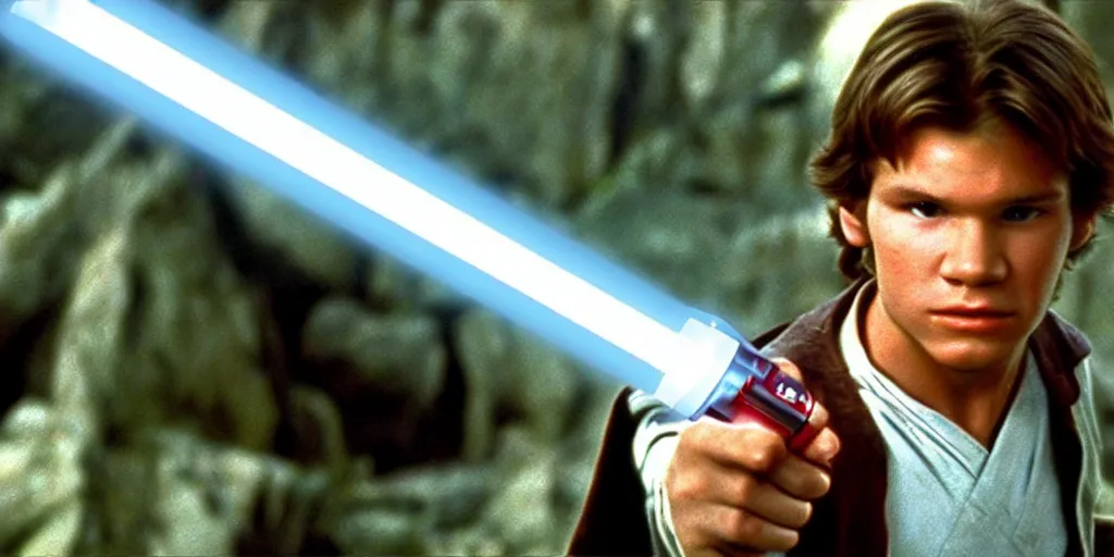 Image similar to A full color still from a film of a teenage Han Solo as a Jedi padawan holding a lightsaber hilt, from The Phantom Menace, directed by Steven Spielberg, 35mm 1990