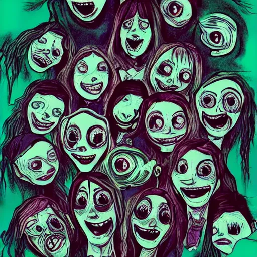 Image similar to a group of people with creepy faces and mouths, an album cover by arent arentsz, featured on deviantart, computer art, grotesque, fisheye lens, creepypasta