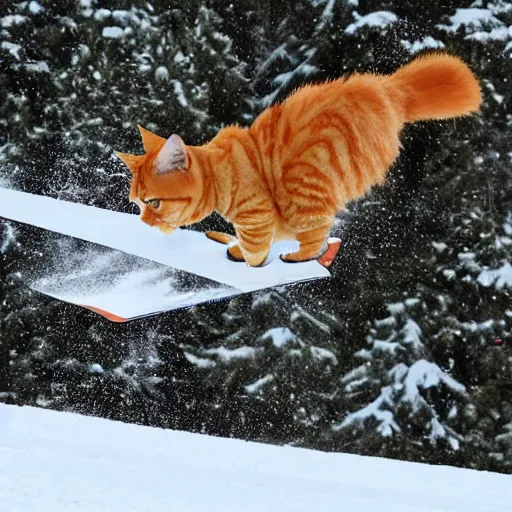 Prompt: a giant orange tabby cat skiing