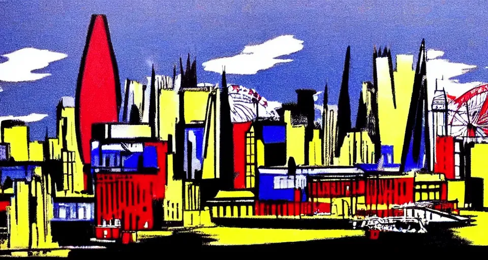 Image similar to color sketch of the london skyline, highly detailed, dramatic lighting, intense shadows, rich deep colours, by roy lichtenstein