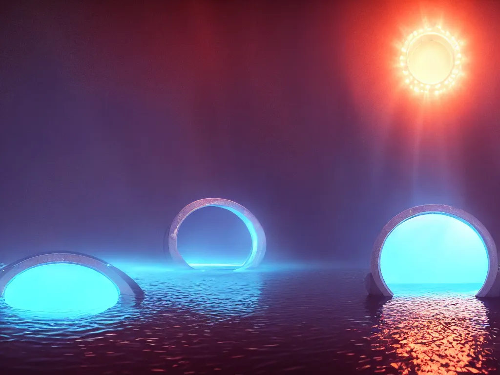 Prompt: a magical circular portal to another world in a lake opening under the water, lights, magical, ethereal, sci - fi, art, 8 k render octane high definition