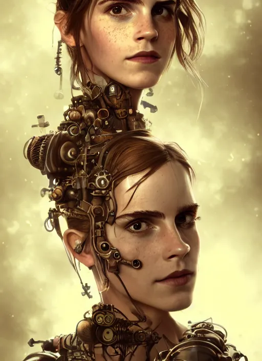 Image similar to steampunk biopunk portrait of emma watson, au naturel, hyper detailed, digital art, trending in artstation, cinematic lighting, studio quality, smooth render, unreal engine 5 rendered, octane rendered, art style by klimt and nixeu and ian sprigger and wlop and krenz cushart.