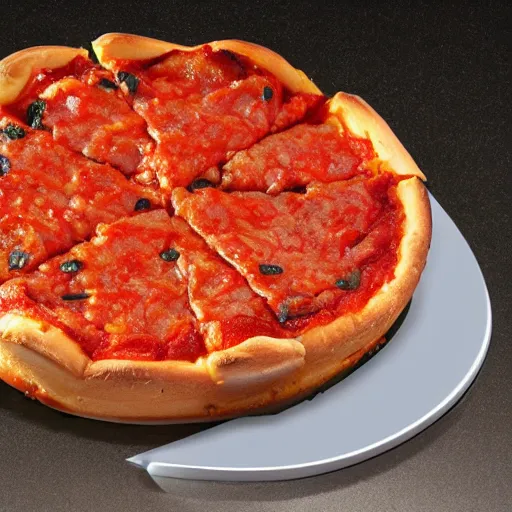 Prompt: a professional promotional photo of gorgeous chicago style deep dish pizza, delicious!! slice, award winning