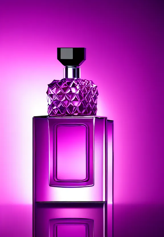 Image similar to close up shot of one premium perfume bottle containing purple liquid, the bottle is placed on a table, the bottle is in the middle of the scene ultra detail, commercial, designer product, cinematic lighting, hd artstation, symmetrical, rendered, 4k